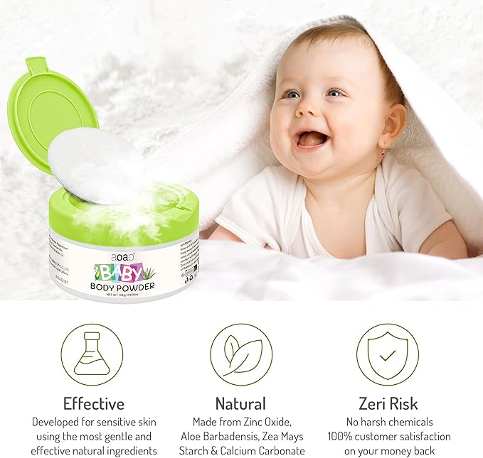Baby Body Powder with Puff, Talc-Free Cornstarch with Zinc Oxide, Aloe, Vitamin E, Gentle Absorption for Diaper Area & Chafe Protection, Comfort Care for Rash-Prone Skin Wetness & Itch Relief, 5oz