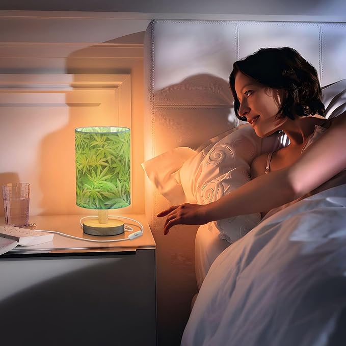 Table Lamp Marijuana Plant Green Cannabis Hemp Leaf Nightstand Lamp with Wood Base Fabric Lamp Shade Bedside Desk Lamp for Living Room Bedroom Kids Room Office