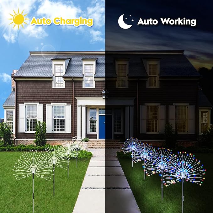 Outdoor Solar Garden Lights, 4 Pack 120 LED Copper Wire Waterproof Garden Fireworks Lamp with Remote, 8 Modes Decorative Sparkles Stake Landscape Light for Pathway Lawn Decor (Colorful)
