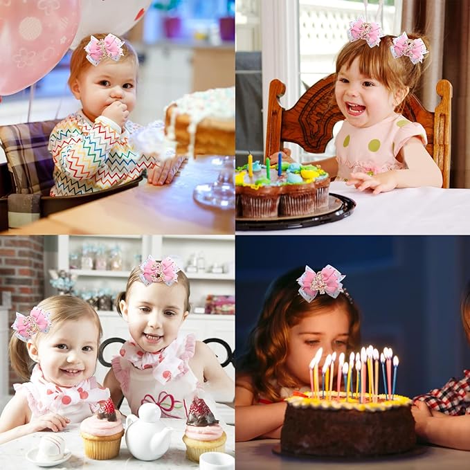 Birthday Hair Clips for Baby Girls - 2Pc Pink Sprinkle Bow Hair Clips for 3rd Birthday Glitter Ice Cream Baby Bow Party Decorations for Girls Toddlers Hair Accessories (Pink-3 Years)