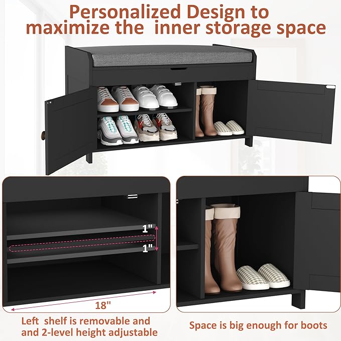 HOMEFORT 30" Shoe Bench with Lift Top Storage, Entryway Bench with Cushioned Seat, Wooden End of Bed Bench, Shoe Cabinet Bench with Hidden Storage Space, for Bedroom, Hallway,Black