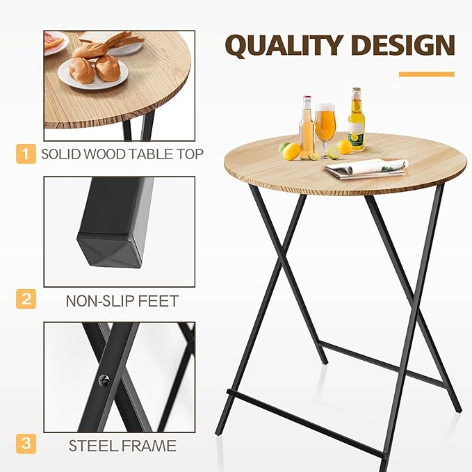 Outdoor Bar Height Table Wood 44.6'' Height, 31.5'' Round Folding Cocktail Tables Wooden Pub Desk, One-Piece Installation Kitchen Dining Table for Patio, Party, Balcony, Backyard, Poolside, Events