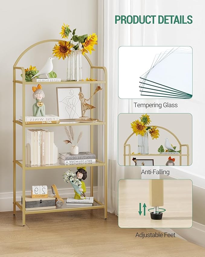 Bookcase Bookshelf, Tempered Glass Bookshelves, Slim Shelving Unit for Bedroom, Bathroom, Home Office, Steel Frame, 4 Tier Gold BC21499G