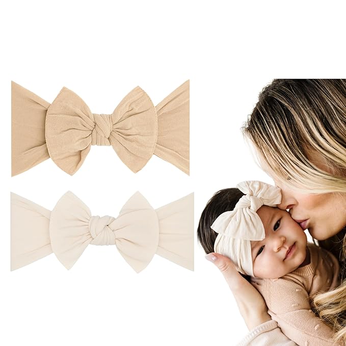 Baby Bling Bows - Newborn to Little Baby Girl Bows, 2 Pack Nylon Super Soft Stretchy Knot Toddler Headbands, Perfect Hair Accessories Head Bands for Infant Kids (Fawn & Oatmeal)