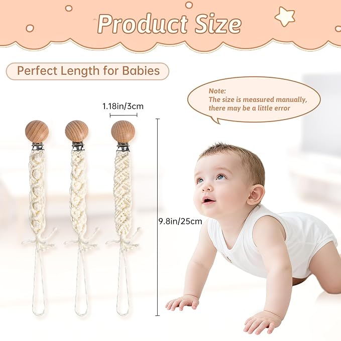 Boho Pacifier Clip for Boys Girls Pacifier Holder Leash Wooden Clips Handmade Braided Cotton Unisex Baby Shower Birthday Gift Christmas Gift (Pattern 10)