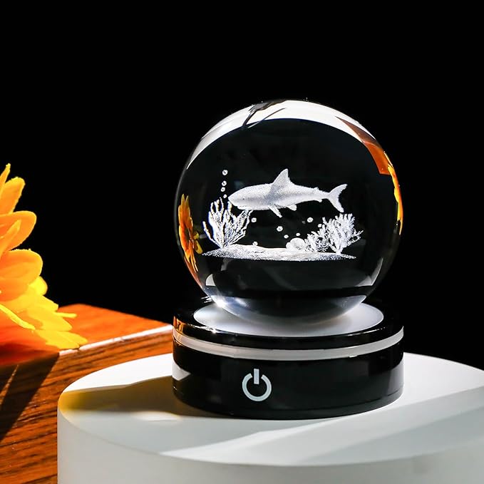 YWHL 3D Shark Figurine Crystal Ball with Colorful Light Base, Shark Gifts for Women Men Shark Lovers on Christmas Birthday, 3D Laser Engraved Shark Sphere Glass Ball for Home Office Decoration (80mm)