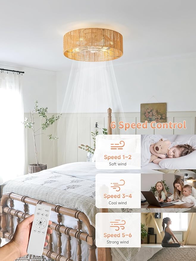 Ceiling Fans with Lights, 20" Boho Ceiling Fan with Light Flush Mount, Rattan Low rofile with 6 Speeds, Remote Control for Bedroom, Nursery, Living Room