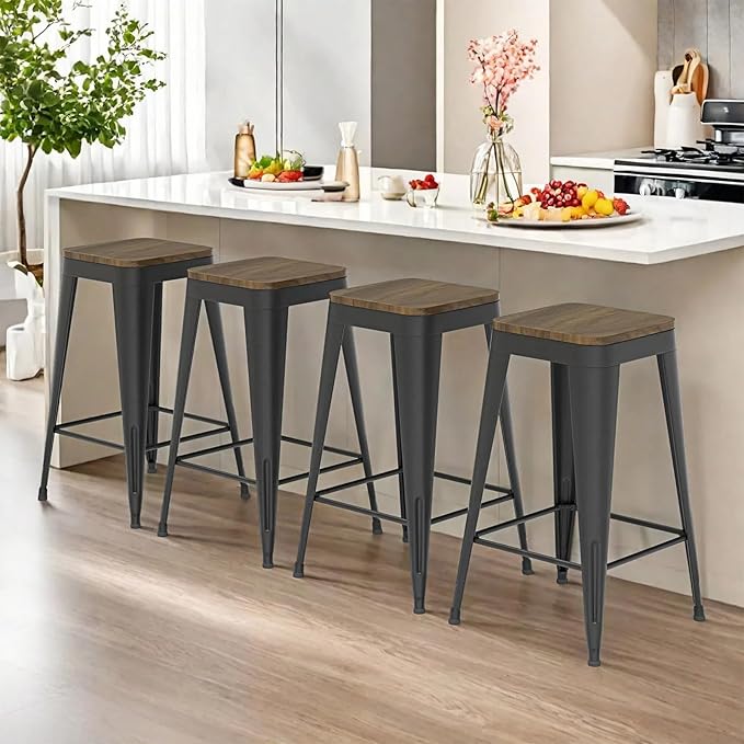 24 inch Backless Bar Stools Set of 4, Indoor Metal Bar Stools with Wood Seat, Industrial Counter Height Barstools for Kitchen Island, Black