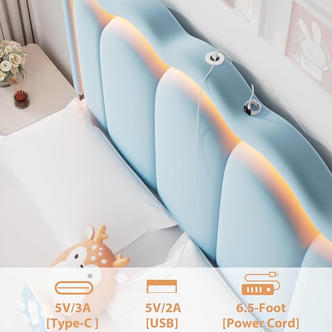 Queen Upholstered LED Bed Frame with 2 Storage Drawers and Adjustable Chic Double Wavy Headboard, Velvet Princess Platform Bed with Charing Station, Solid Wood Slats Support,No Box Spring Needed,Blue