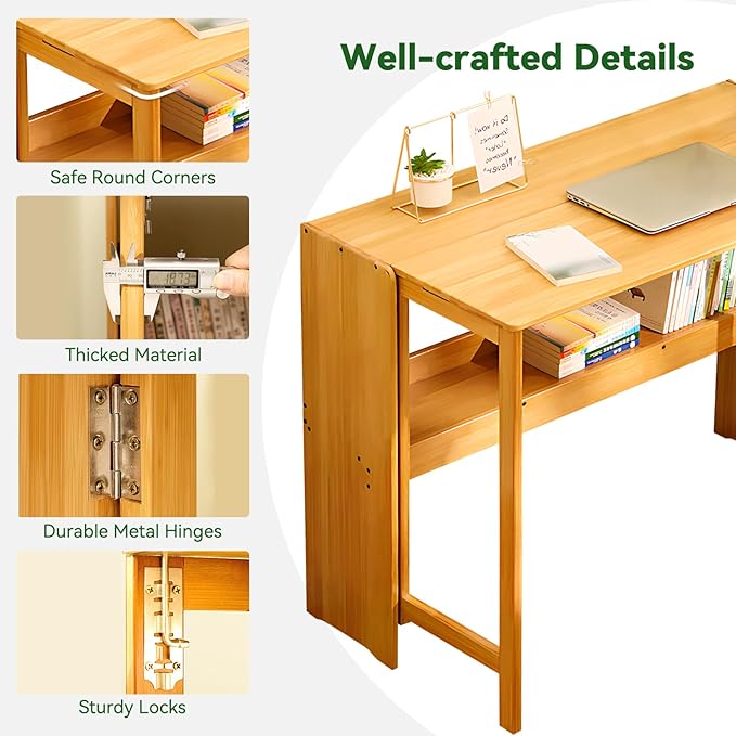 Bamboo Folding Desk Mid Century Modern Desk for Home Office Bedroom Small Spaces，Natural