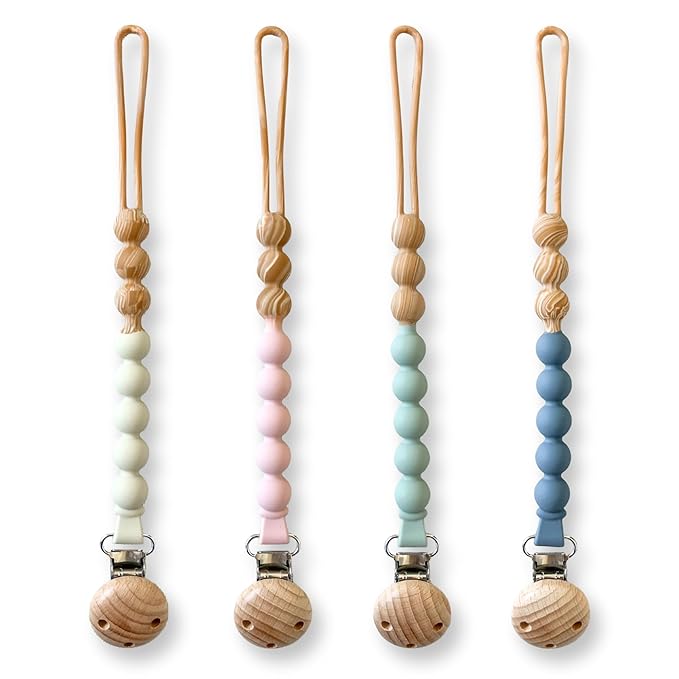 Hippypotamus Pacifier Clips - One Piece All Silicone Holder for Baby’s Binky & Teething Toys - No String Or Loose Beads - Set of 4 (Sand/Rose/Sage/Stone)
