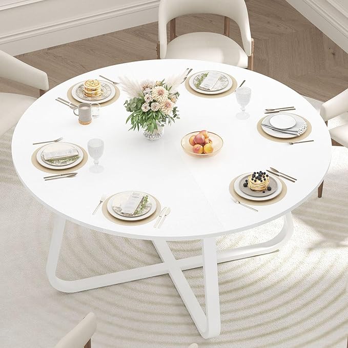 LVB Round Dining Table, Modern Wood Metal Kitchen Table, Industrial Small Dinner Room Tables for 4 to 6 People, Circle Coffee Dining Room Tables for Home Kitchen Living Room,White Oak, 51 Inch