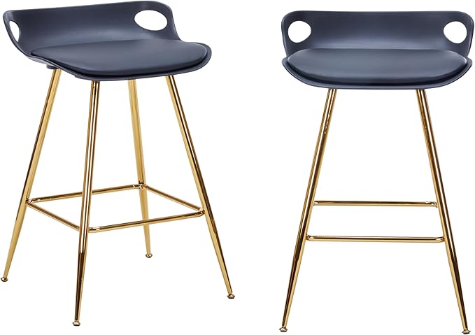 Sidanli Black Bar Stools, Barstool Set of 2, Counter Height Chairs with Gold Metal Legs, Island Chairs with Leather Cushion Seats & Footrests, 26” Bar Stools for Kitchen Island, Home Bar