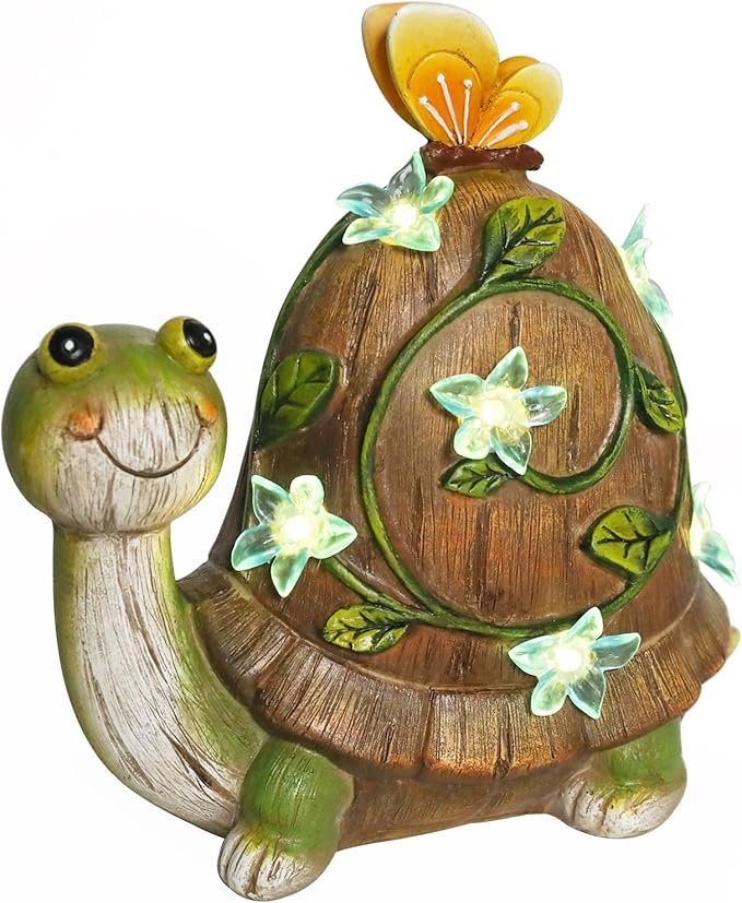 Bshine Solar Garden Statue Turtle Figurine Resin Animal Sculpture Decor with Solar Lights Cute Art Sculpture for Patio Lawn Yard Outdoor Decorative