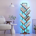 Tree Book Shelf with LED Lights, 9 Tier Floor Standing Bookcase, Classical Corner Shelf Kids Bookshelf, Tall Wood Book Storage for Bedroom, Living Room, Home Office, Brown