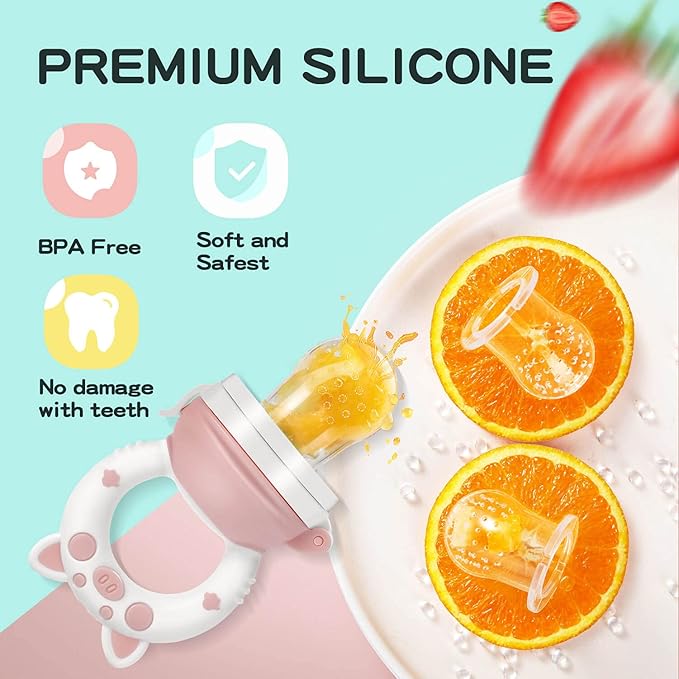 Baby Fruit Food Feeder Pacifier - Fresh Teething Pacifiers, Infant Fruit Teething Teether Toy for 3-24 Months, 6 Pcs Silicone Pouches for Toddlers & Kids & Babies, Piggy Handle 2-Pack (Pink & Gray)