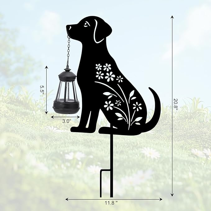 Afirst Solar Outdoor Garden Stake Solar Dog Decorative Stake Light with Lantern Decorative Lights Metal Outdoor Ornament for Yard Pathway Lawn Patio Decoration