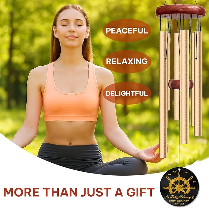 Personalized Nautical Memorial Wind Chime – “in Loving Memory” Custom Engraved Name & Years – Ship Wheel Design for Seafarers & Ocean Lovers – Outdoor Memorial Windchime Tribute for Loss of Loved One