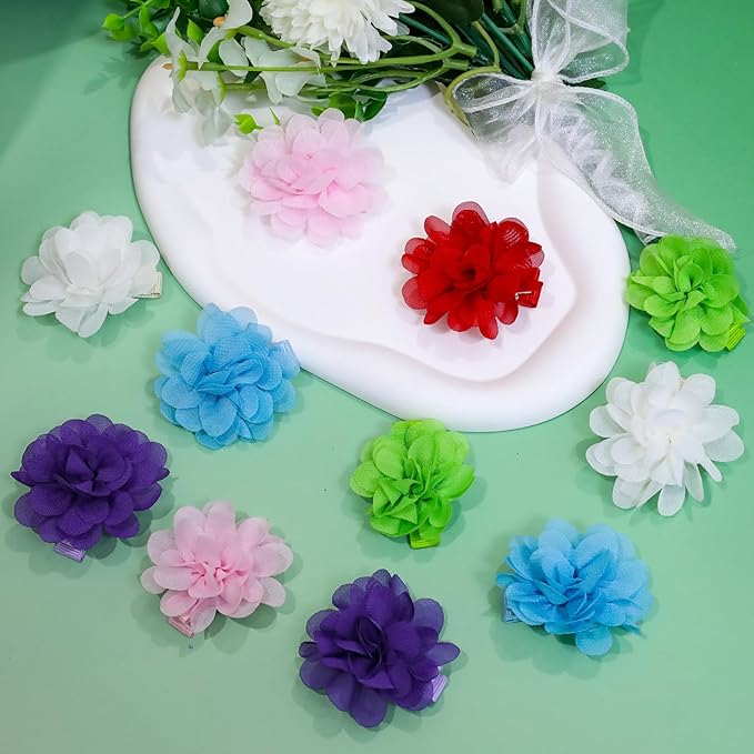 24 PCS 2" Chiffon Flower Hair Bows Clips Artificial Fabric Flower Tiny Baby Hair Clips Fine Accessories for Women Girls Kids (Light blue)