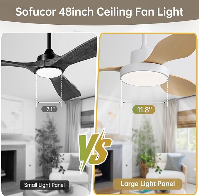 Sofucor 48 Inch Ceiling Fan with Lights and Remote Control Flush Mount Modern Outdoor Ceiling Fans with Large Panel Light, 3 CCT Dimmable, Quiet DC Motor &Timer for Bedroom Patio Indoor Natural Wood