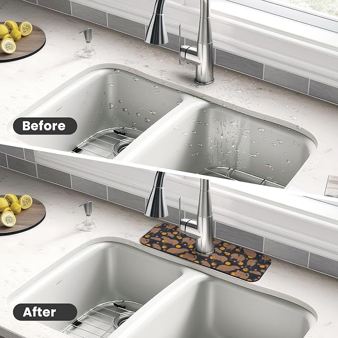 Capybara Doodle Botanical Circle Wildlife Kitchen Sink Splash Guard Faucet Mat
