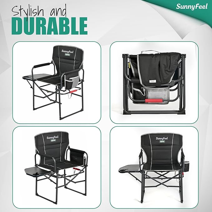 SUNNYFEEL Heated Camping Directors Chair, Heavy Duty,Oversized Outdoor Portable Heating Folding Chair with Side Table, Pocket for Beach, Fishing,Trip,Picnic,Lawn,Concert Foldable Camp Chairs