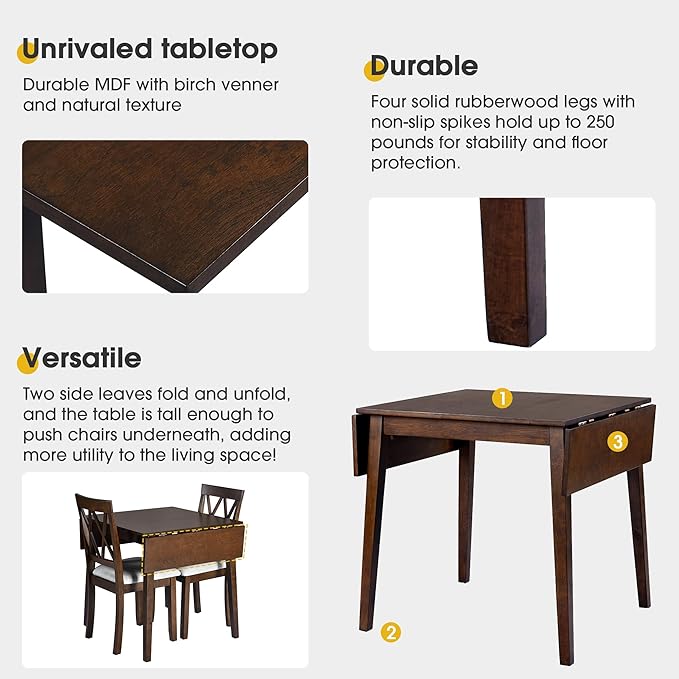 Merax Farmhouse Wooden Dining Set of 3, 45.6 inch Extendable Kitchen Table with Drop Leaf, 2 Chairs with Backrest for Small Space, Easy Assemble Brown