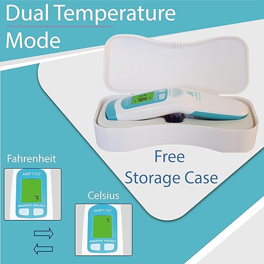 Amplim Non-Contact Forehead Thermometer & Case for Adults, Kids, Baby, FDA Cleared, Medical Grade, Touchless Infrared, 1-Sec Reading, Fever Alarm, Memory Recall, Quiet Mode, White