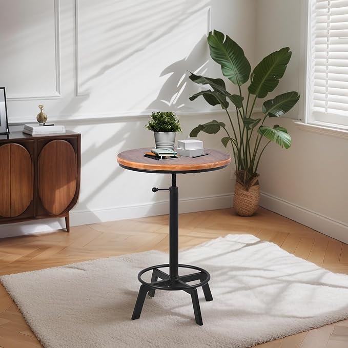 Vintage Bar Table 30-35.4inch Height Adjustable Industrial Bistro Table Retro Dinning Table for Kitchen Coffee House Pub Swivel Wooden Top