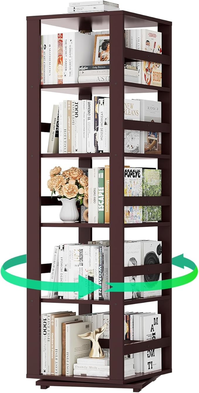 Homykic Rotating Bookshelf, Bamboo 360 Display Spinning Bookshelf Tower, 5-Tier Small Corner Bookcase for Small Spaces, Narrow Revolving Book Shelf Organizer Rack for Home Office, Espresso