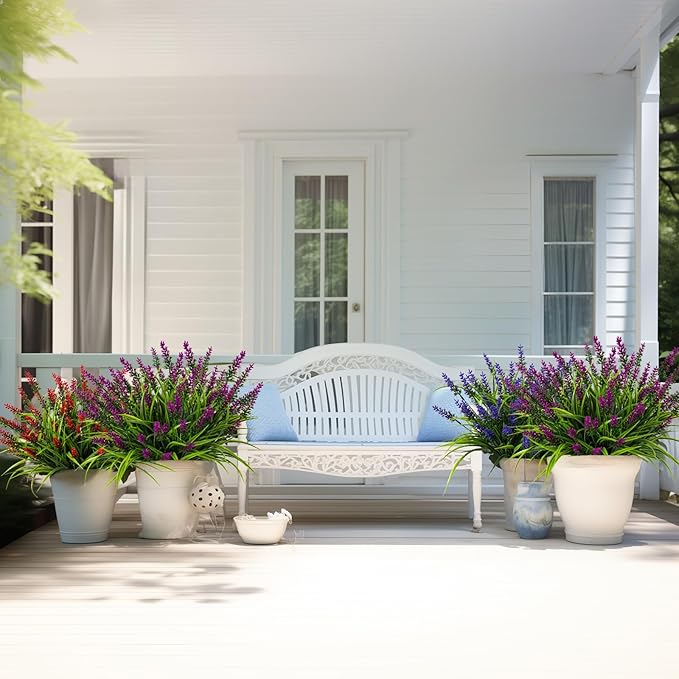 Artificial Flowers for Outdoor Plants 24 Bundles Fake Lavender Plastic Faux Monkey Grass for Verandah Window Garden Office Patio Front Porch UV Resistant for Planter(Fuchsia)