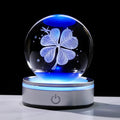 Crystal 3D Four-Leaf Clover 3.15in Ball Figurine Good Luck Gifts for Women on Birthday, Collectible Glass Plants Art for Room with LED Light Base, Lucky Keepsakes for Him Home Decor Paperweight