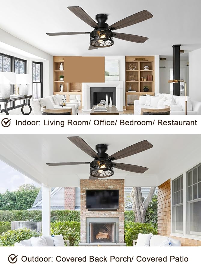 52 Inch Farmhouse Ceiling Fan with Lights Remote Modern Caged Chandelier Fan Rustic Fandelier, 5 Dual Blades, Reversible Quiet DC Motor 6 Speeds for Bedroom Patio (Metal Cage)