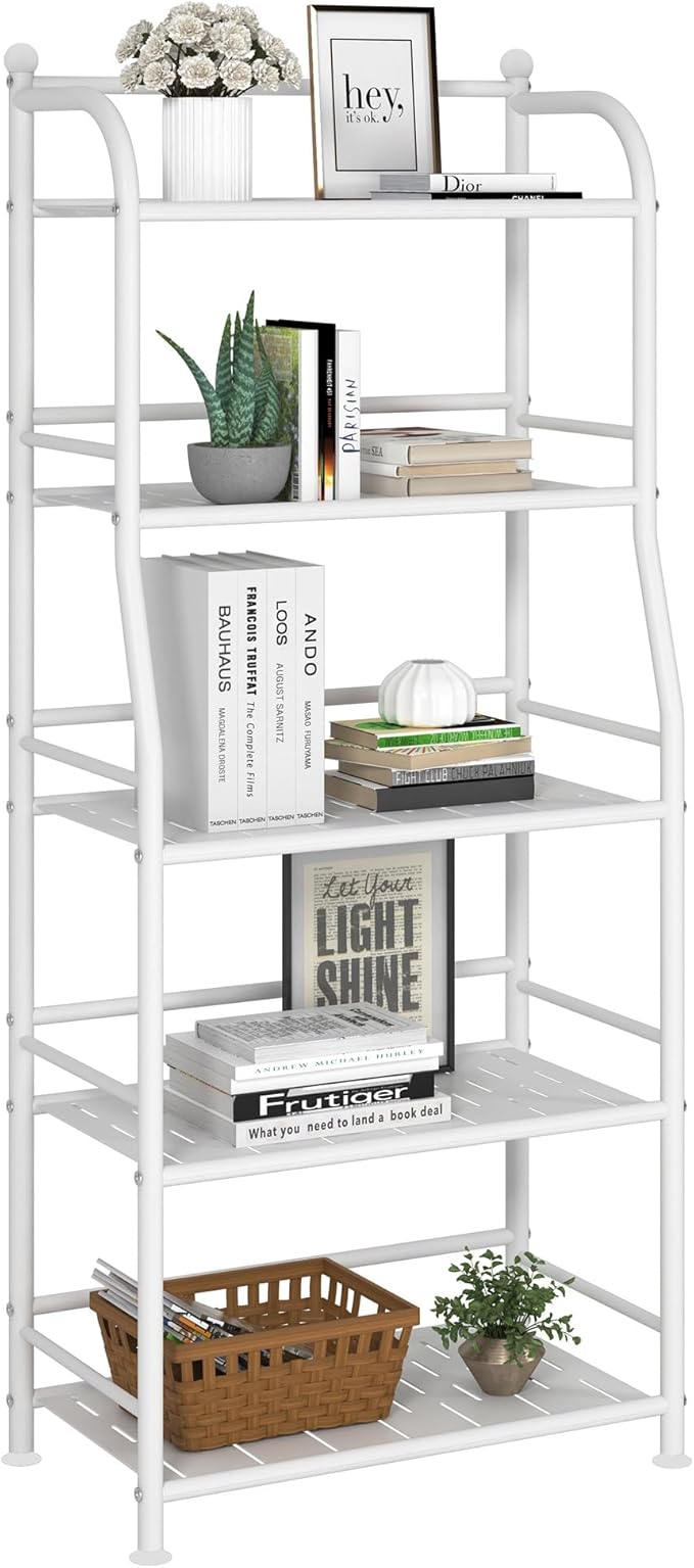 5 Tier Metal Shelf Storage Shelves Living Room Bookshelf Bathroom Corner Storage Rack for Kitchen,Indoor Plant Stand (Matte White, 5 Tier)