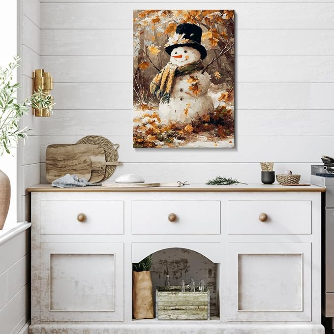 Vintage Snowman in Forest Christmas Canvas Wall Art - Rustic Winter Landscape Framed Print for Living Room, Cozy Christmas Wall Decor, Ideal Christmas Gifts & Festive Winter Decor