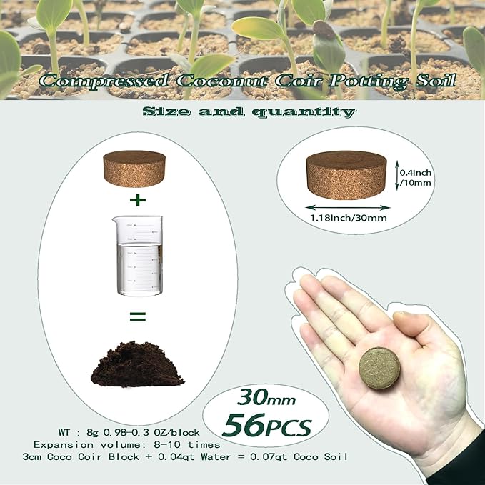 56 Pcs 30mm Compressed Coconut Coir Potting Soil,Coco Coir Pellets for Plants,Coco Fiber Pellets for Planting, Garden, Bonsai, Vegetables & Flower