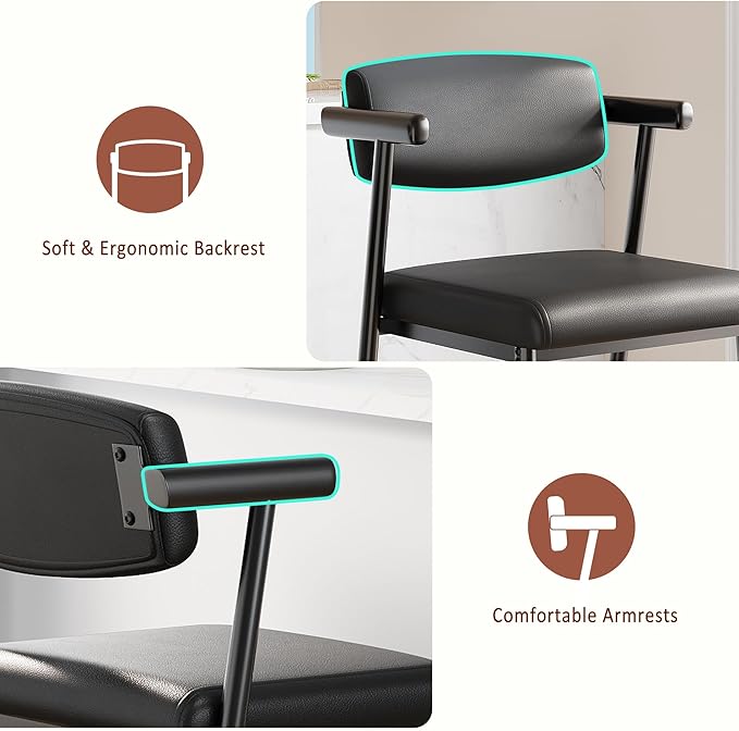 GarveeHome Bar Stools Set of 2, 26.5" Upholstered Counter Height Bar Stools for 2 with Armrest, Wider Thickened Cushion, Bar Chairs with Backrest for Bar, Dining Room, Kitchen, Retro Black