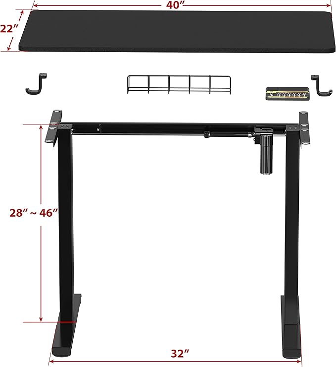 SHW 40 x 22 Inches Electric Height Adjustable Sit to Stand Desk with Hanging Hooks and Cable Management, Black Frame and Black Top