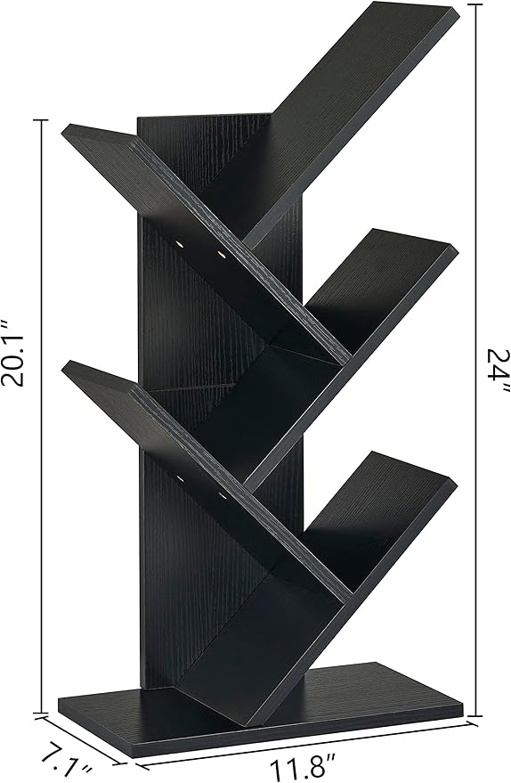 Hoctieon 4 Tier Tree Bookshelf, 4 Shelf Bookcase, Free Standing Tree Bookcase, Display Floor Standing Shelf for Books, Book Organizer Shelves for Home Office, Living Room, Bedroom, Black