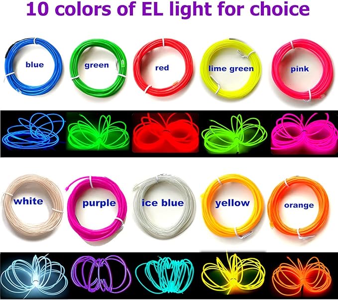 MaxLax EL Wire Blue 10-Pack, 16.4ft/5m Neon Light Wire with Noise Reduction and Battery Pack…