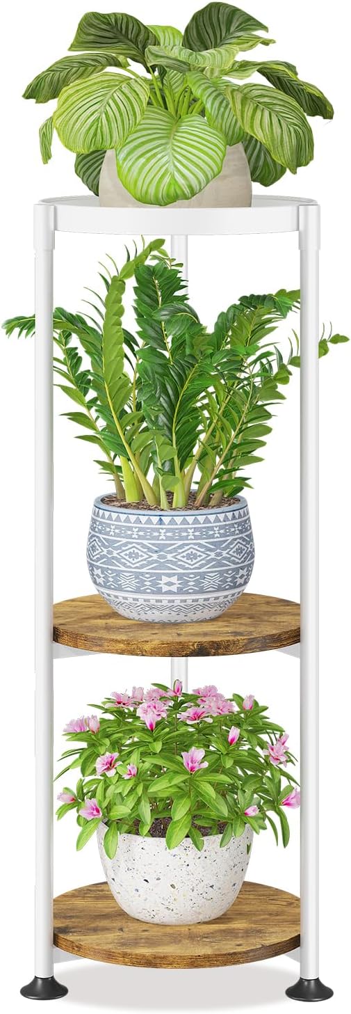 LASZOLA 3 Tier White Plant Stand Indoor for Large Tall Heavy Duty Flower Planter, Metal Vertical Multi Level Rack for Narrow Floor Corner, Sturdy Round Holder Organizer, Modern, Mid Century, Farmhouse