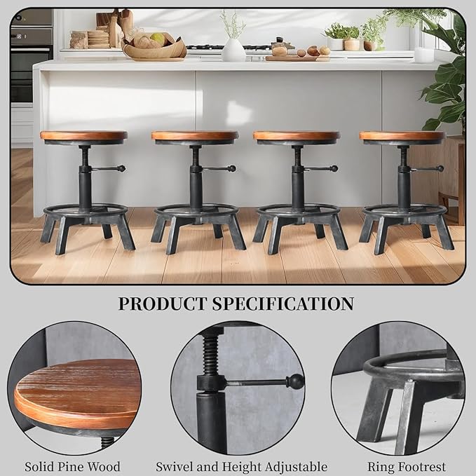 Set of 2-Industrial Bar Stool-Counter Height Chairs- Swivel Wooden Seat- Adjustable 15.2-21"