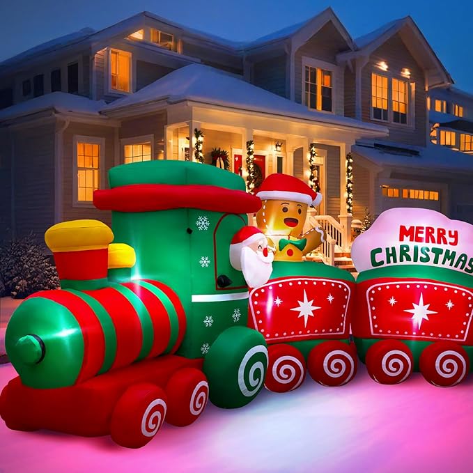 12FT Christmas Inflatables Train Decoration with Santa, Gingerbread Man, Reindeer, Lighted Blow Up Xmas Yard Decor with LED Lights, Holiday Outdoor Lawn Decorations for Garden, Party, Home