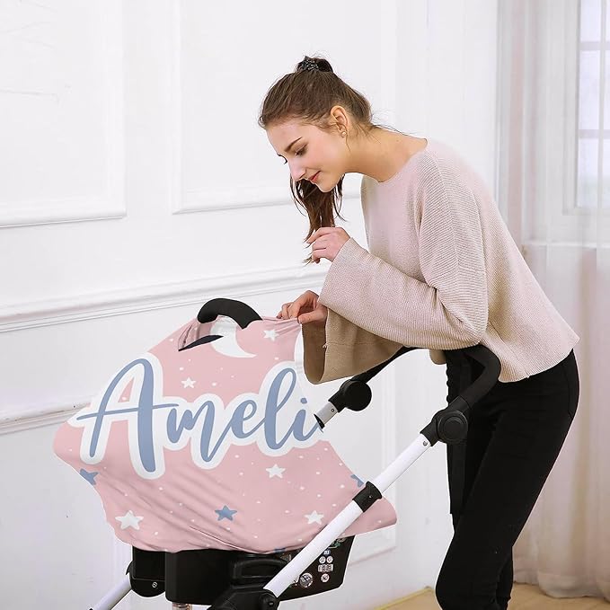 Custom Car Seat Covers for Babies - Breathable Baby Car Seat Cover for Girls Boys, Pink Moon Kick-Proof Newborn Carrier Canopy Stretchy Stroller Cover for 4 Seasons