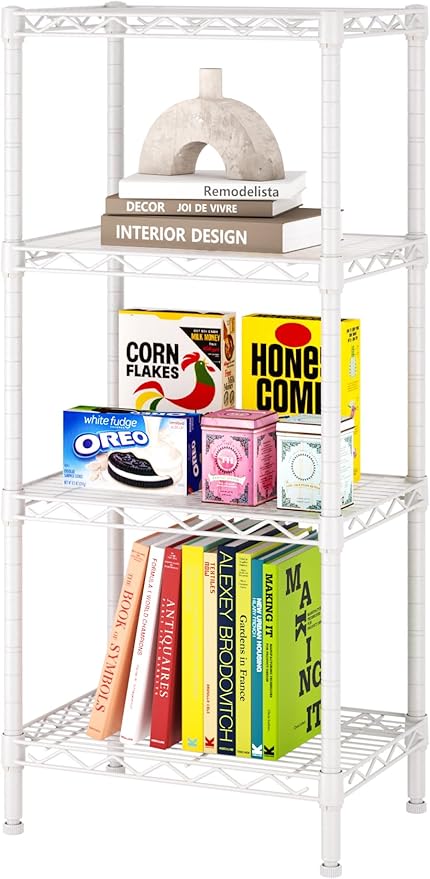 SINGAYE 4 Small Shelves Storage Shelf Wire Shelving Unit Metal Shelf Adjustable Organizers Storage Shelving with Wheels for Bathroom Laundry Room Kitchen Pantry11.5”D x 17.3”W x 44.5”H White