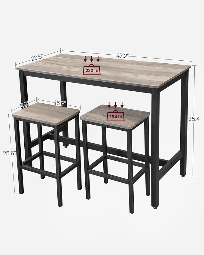 VASAGLE Bar Table Set, Bar Table with 2 Bar Stools, Dining table set, Kitchen Counter with Bar Chairs, Industrial for Kitchen, Living Room, Party Room, Greige and Black ULBT015B02