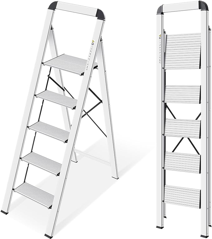 KINGRACK Aluminium 5 Step Ladder, Lightweight Step Stool with Non-Skid Pedals, Handrail, Foldable Step Ladder for Kitchen, Garage, Home, Space Saving, Sturdy and Portable, Silver