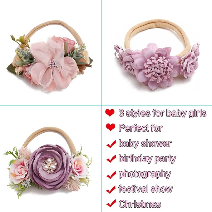Baby Girl Headbands Nylon Flower Elastic Hairbands 3pcs Hair Accessories Gift for Newborn Infant Toddlers (YM4)