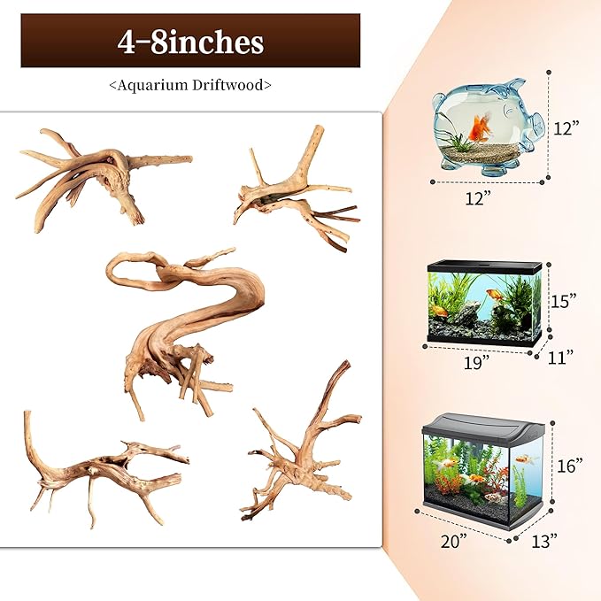 majoywoo Natural Driftwood for Aquarium Decor Fish Tank Decorations, Assorted Spider Wood Branch 4-8" 5 Pcs, Reptile Decor