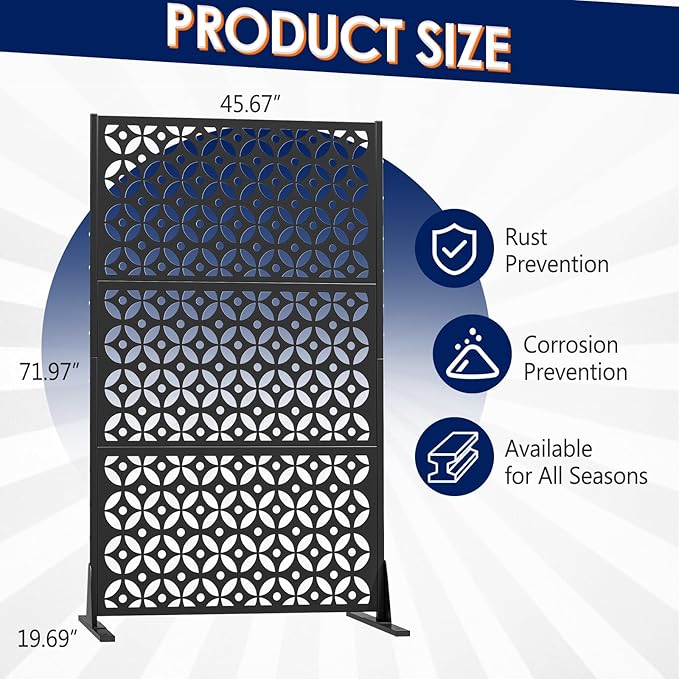 Metal Privacy Screen Outdoor, 72" H Freestanding Privacy Fence with Sturdy Stands, Decorative Privacy Panels Shield for Courtyard, Balcony, Garden and Other Indoor Places (Cross-Shaped)